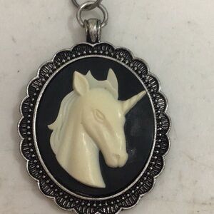 HORSE FOLKS! Black & white old fashioned Unicorn cameo w/ stainless chain.